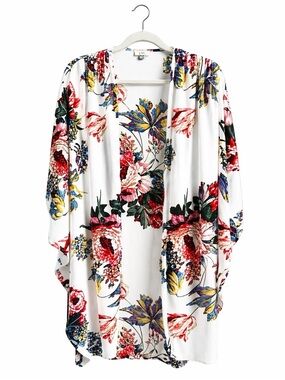Umgee Floral Trim Open Kimono in White with Multicolor Blooms-M/L